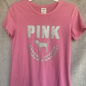 Victoria's Secret PINK T-Shirt Top S Bling Everyday Tee Pink Glitter Logo Dog